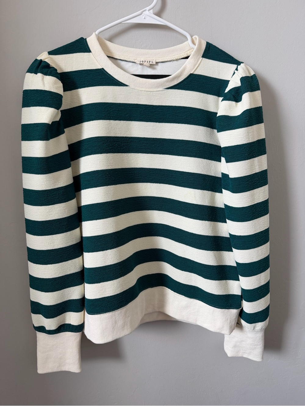 JODIFL Teal & Cream Striped Puff-Sleeve Sweater Top